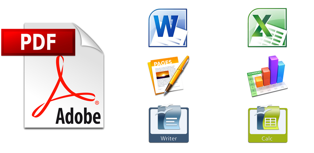 logos PDF, Word, Pages, Writer, Excel, Keynote, Calc