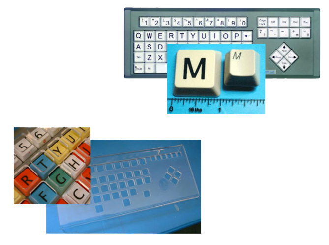 à gauche: Safeguard, écran plastique avec des trous à la place des touches qui se met au dessus du clavier, à droite: clavier bigkeys et comparaison entre 'm' petit et grand